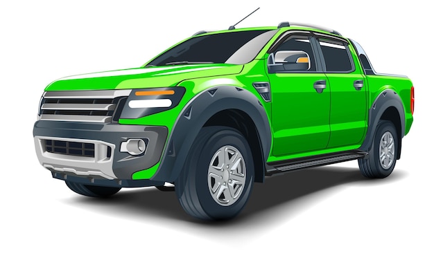 Realistic 3D vector green pickup four doors on white background