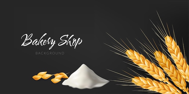 Realistic 3D vector illustration of a hill of flour with golden wheat spikes and rye seeds For food