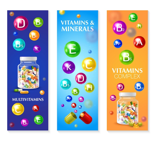 Realistic 3d vitamin mineral set of three vertical banners with colourful bubbles pills and editable text