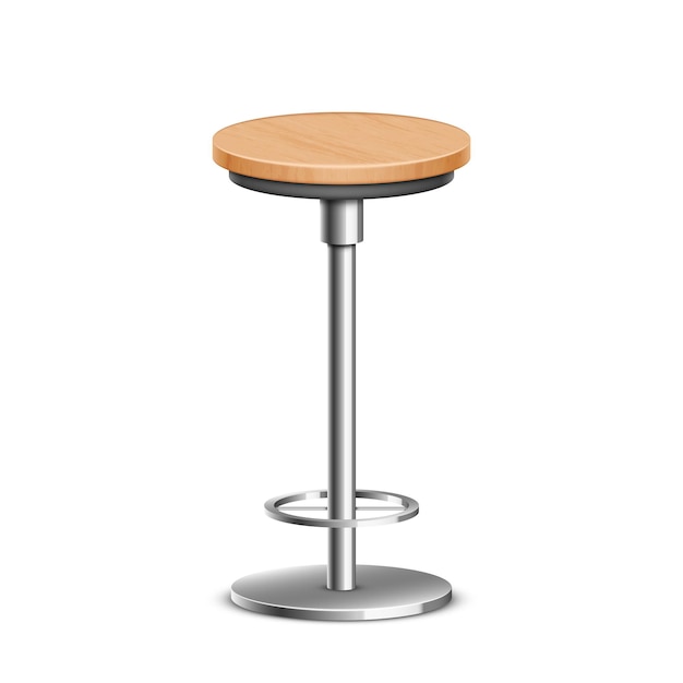 Realistic 3d wooden bar chair on high metal leg for kitchen bistro and cafe interior isolated