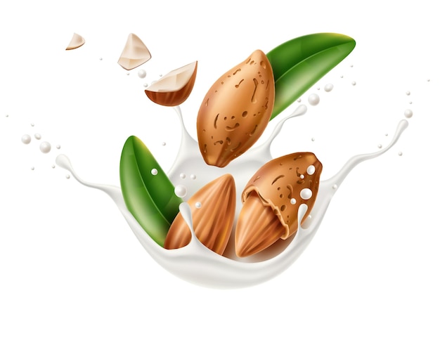 Realistic almond milk splash with nuts pieces