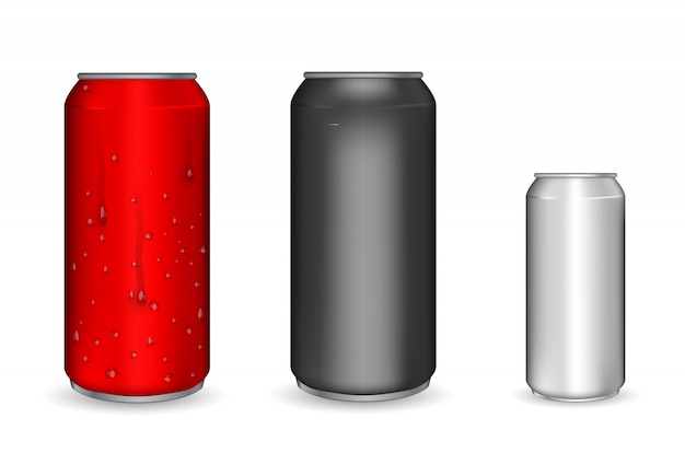 Realistic aluminum cans. Metallic cans for beer, soda, lemonade, juice, energy drink