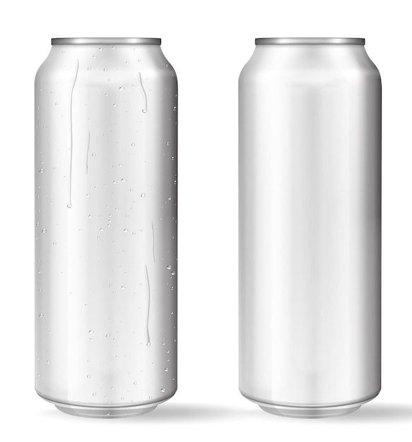 Vector realistic aluminum cans with water drops metallic cans for beer soda lemonade juice energy drink vector mockup blank with copy space