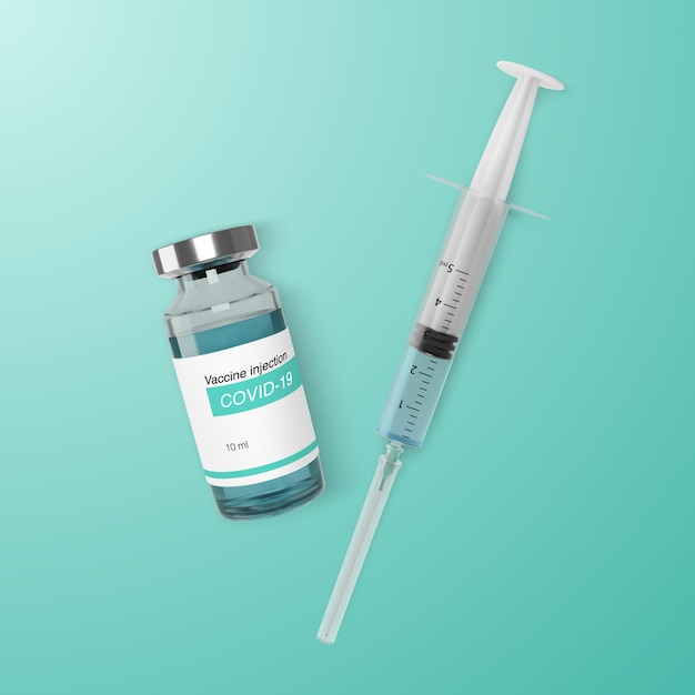 Realistic ampoule with vaccine and syringe template for web banner Vaccination and treatment concept Vector