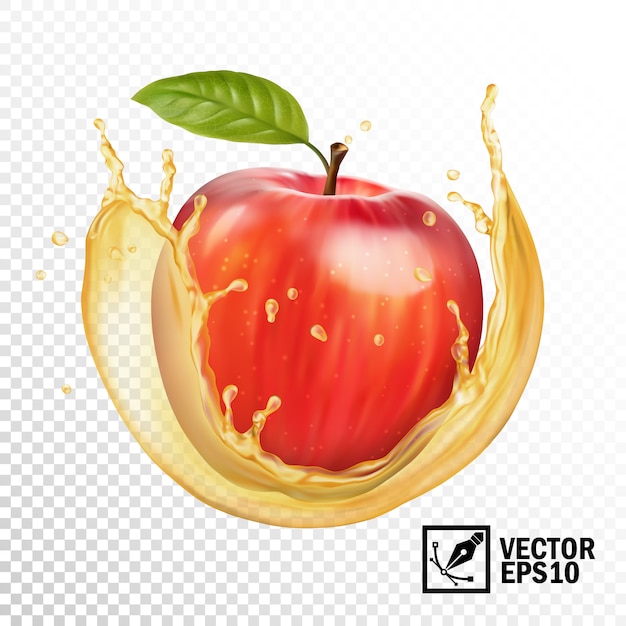 Realistic   apple in a transparent splash of juice. Editable handmade mesh