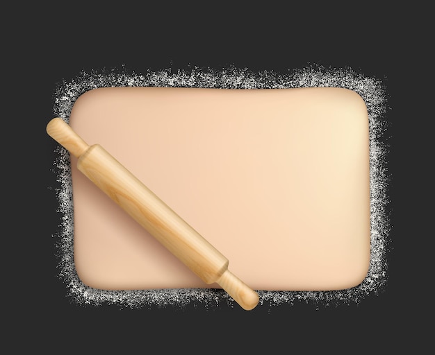 Realistic bakery dough with wooden rolling pin