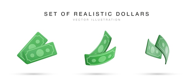 Realistic banknote currency in cartoon style 3D green paper dollars Set of twisted money Vector illustration