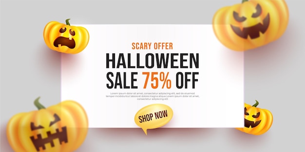 Realistic banner happy halloween sale with white board and pumpkin