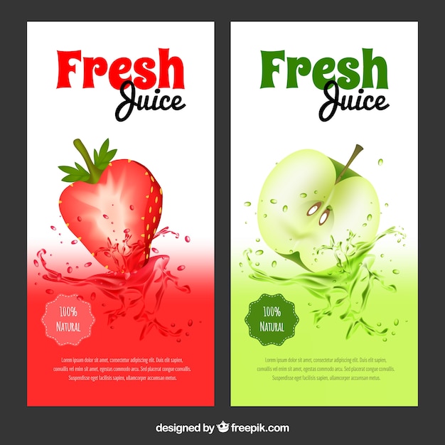 Realistic banners with tasty strawberry and apple juices