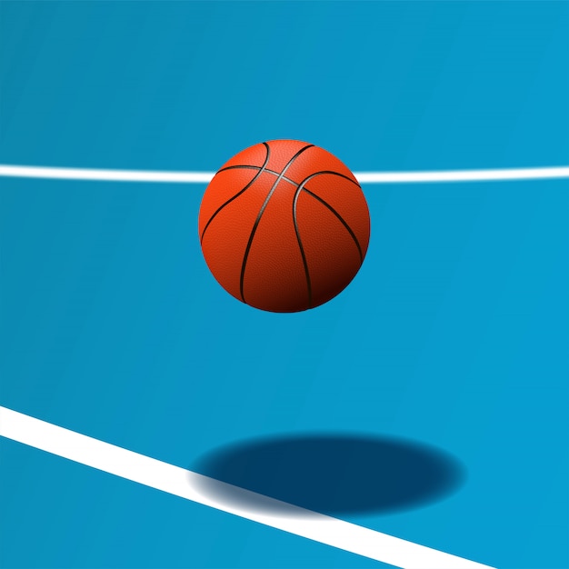 Realistic basketball ball on blue court in hip action