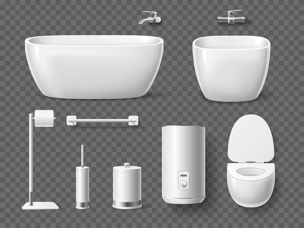 Realistic bathroom and toilet elements Shower and toilet objects sink and bidet bath and boiler white hygienic ceramics wc interior Lavatory ceramic 3d isolated objects utter vector set