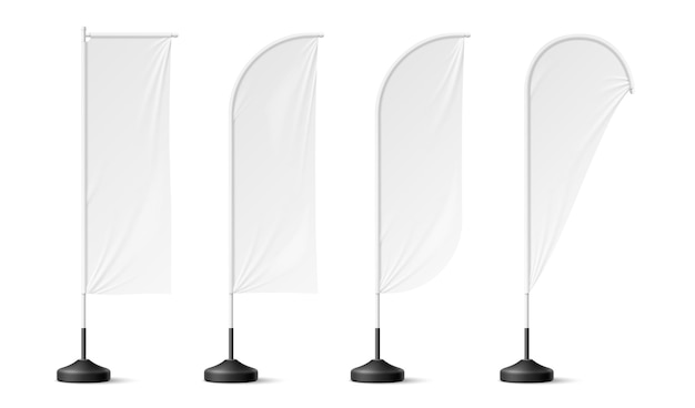 Realistic beach flags white banner stand mockup