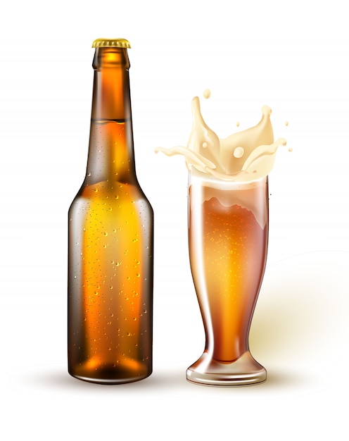  realistic beer bottle, splashing from glass