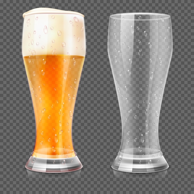 Realistic beer glasses, empty mug and full lager glass isolated on transparent checkered background.