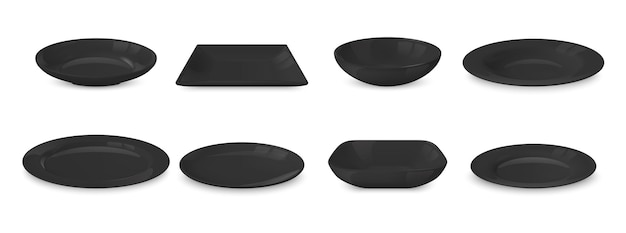 Vector realistic black dish plates or bowls vector mockup