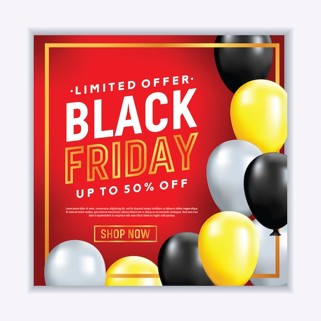 Realistic Black Friday sale banner with balloons