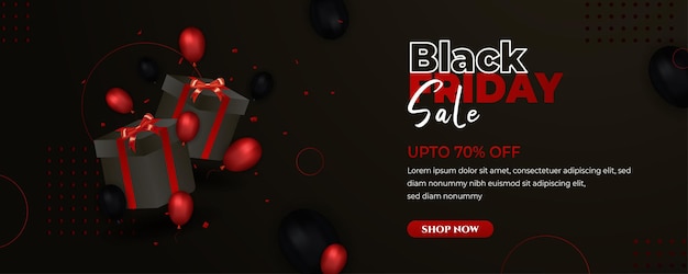 Realistic black friday sale banner with gifts and balloons