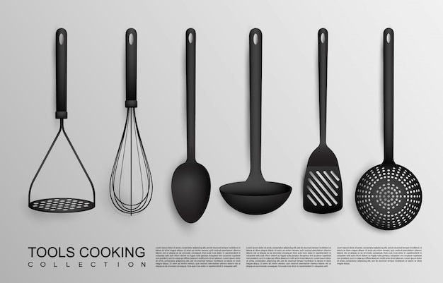 Realistic Black Kitchen Tools Collection