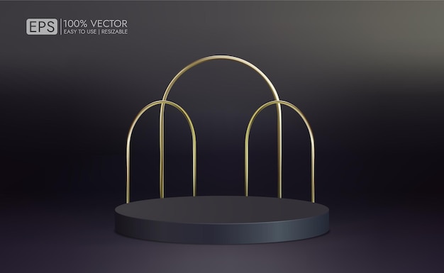 Realistic black podium with gold bars for minimal scene product display