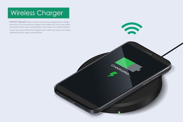 Realistic black smartphone Charging battery on charging pad.