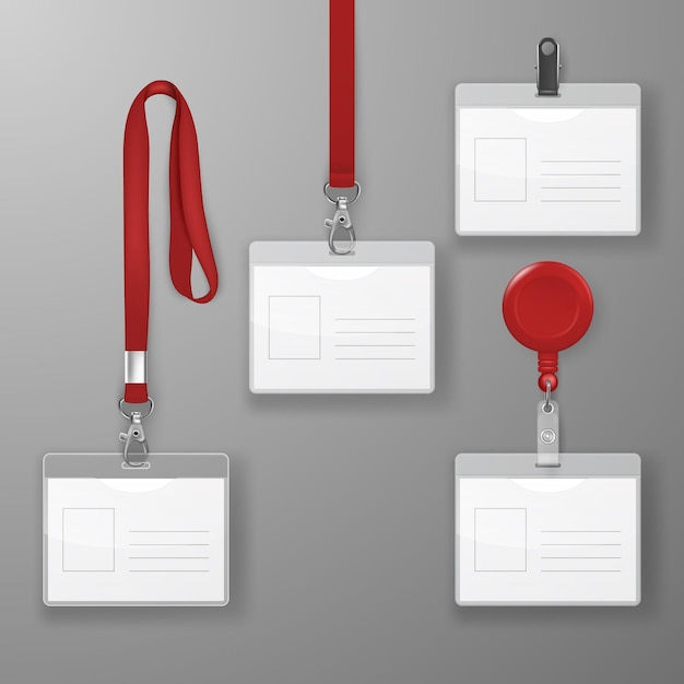 Realistic Blank Office Graphic Id Card Set with Red Clasp Holder Cllip and Lanyard Set Isolated