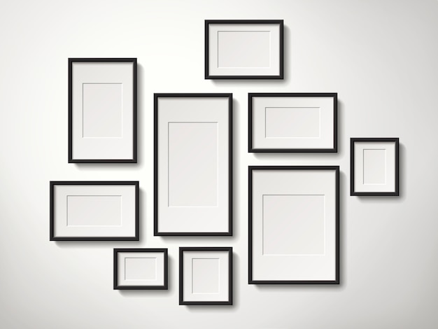 Realistic blank picture frames collection hanging on the wall, 3d illustration