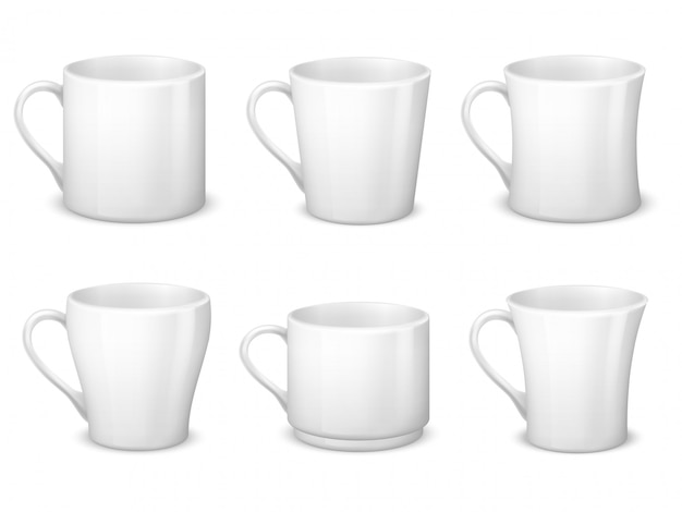 Realistic blank white coffee mugs with handle and porcelain cups 