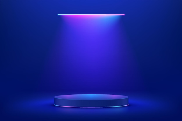 Realistic blue 3d cylinder pedestal podium in Scifi abstract room with illuminate horizontal lamp