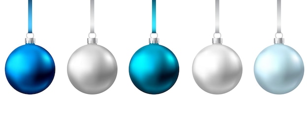 Realistic  blue, silver  Christmas  balls  isolated on white background. Vector  Xmas  tree decoration.