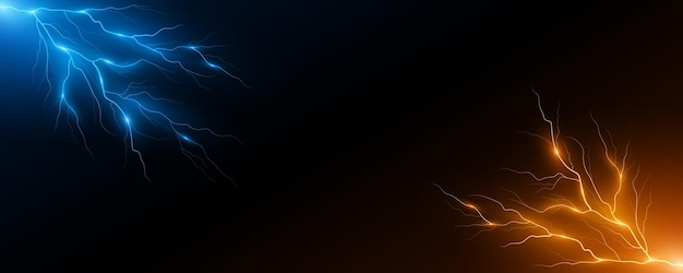 Realistic blue and yellow lightning effect on black background Thunderbolt with rays of light Template for your cover Thunderstorm effect Vector illustration