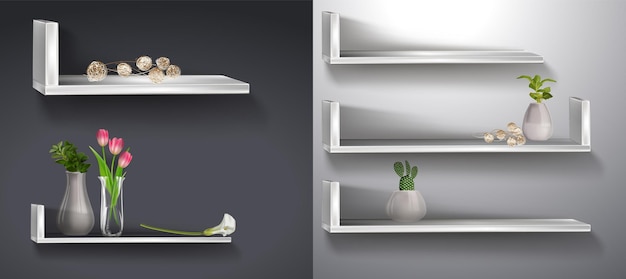 Realistic bookshelf with flowers White plywood empty wall shelf