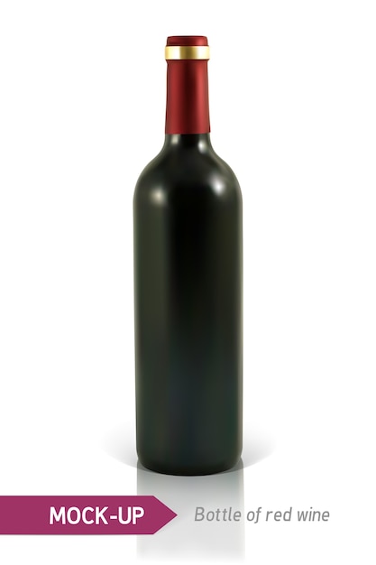 realistic bottle of red wine on a white background with reflection and shadow