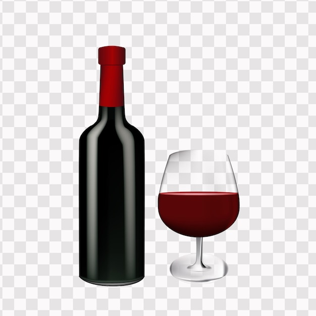 Realistic bottle of wine and glass glass with wine on a transparent background Vector