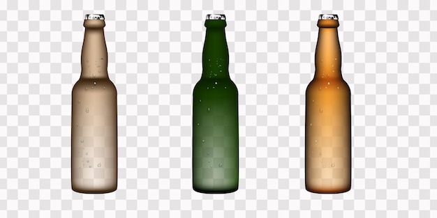 Realistic bottles of beer in different colors on a transparent background