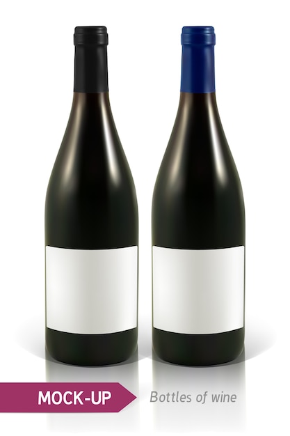 realistic bottles of white and red wine   with reflection and shadow. Template for wine label design.