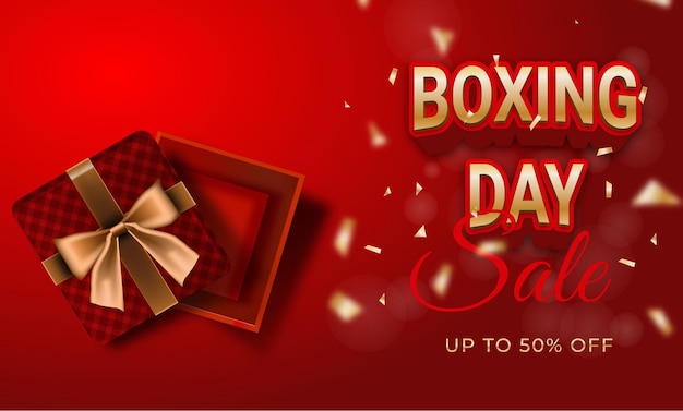 Realistic boxing day sale illustration with open gift boxes on red background