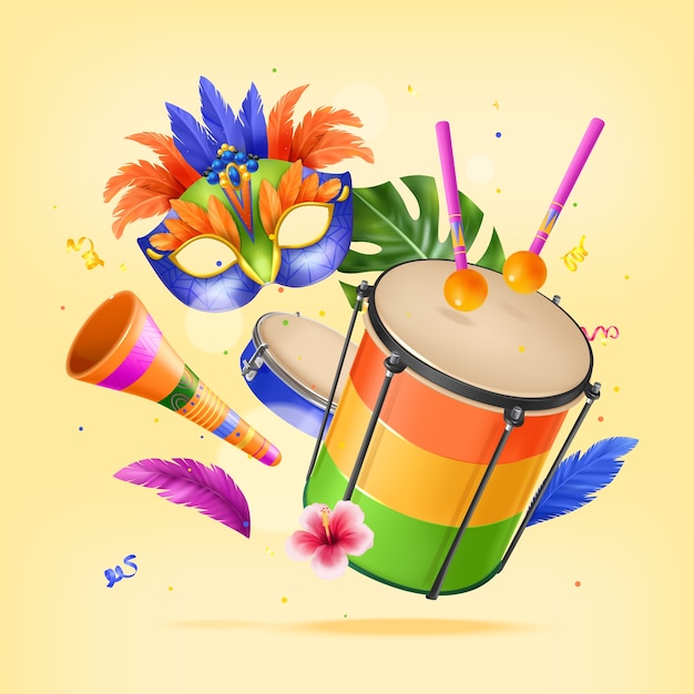 Realistic brazilian carnival composition background with musical instruments and carnival mask