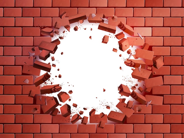 Realistic brick wall hole exploding vector illustration