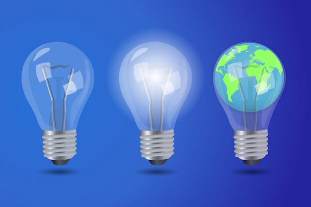 Realistic bright light bulb, off lamp and light bulb with the planet Earth