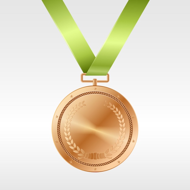 Realistic bronze medal on green ribbon: award for third place in competition. Bronze prize trophy