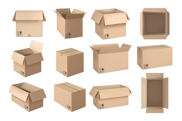 Realistic brown box Postal packaging open boxes shipping cardboard containers and delivery mockup vector set