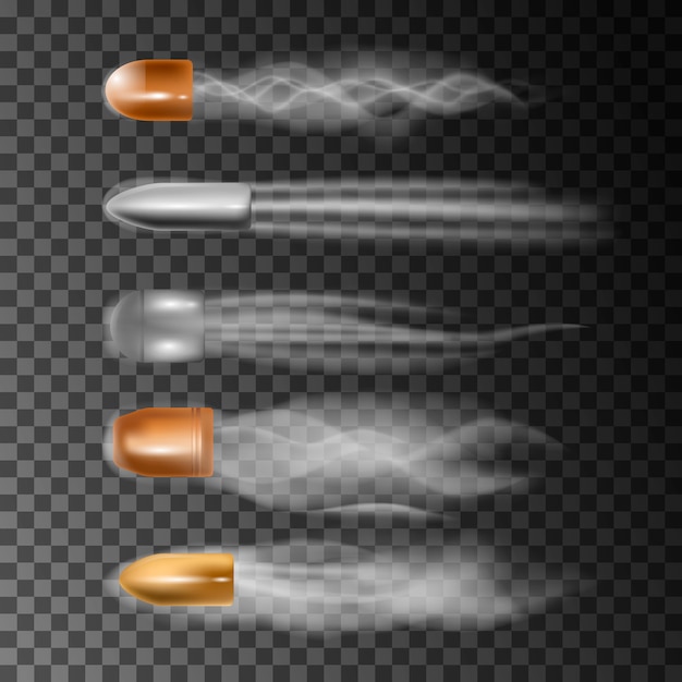 Realistic bullet flies. Smoke traces isolated on transparent .