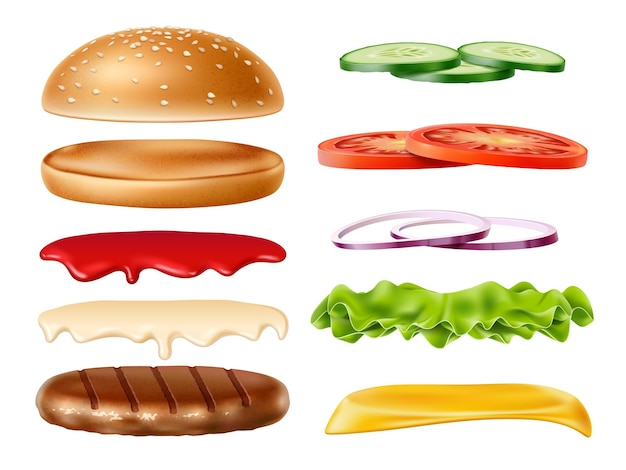 Vector realistic burger ingredients kit isolated 3d wheat bun with sesame seeds ketchup mayonnaise vegetables and meat patty onion and cheese delicious fast food constructor utter vector set