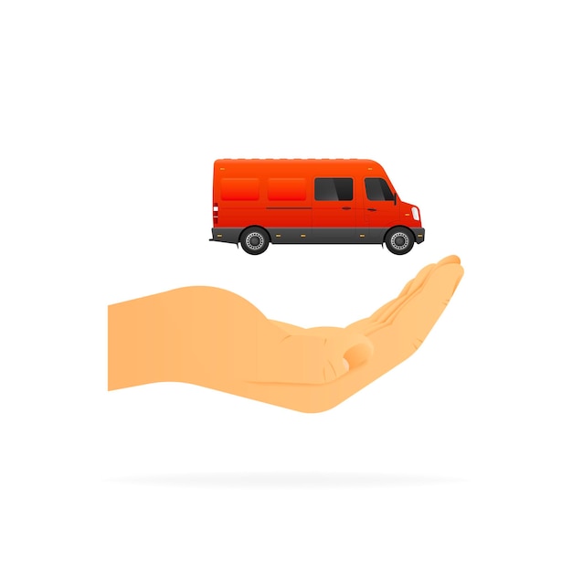 Realistic Bus mockup Hand holding red cargo van for delivery Vector illustration