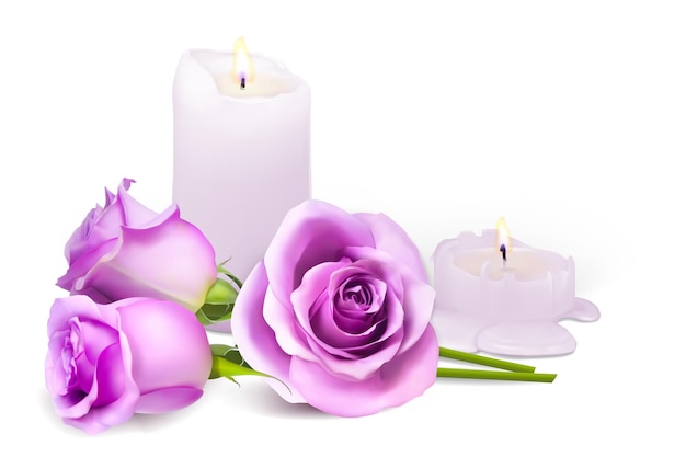 Realistic candle and rosebuds on a white background