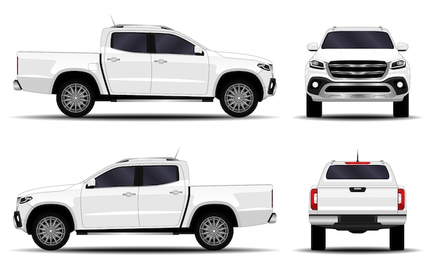 Realistic car. truck, pickup. front view; side view; back view.