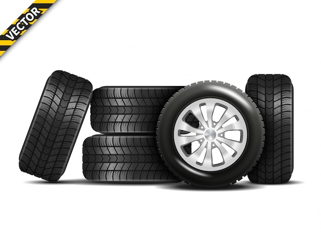 Realistic car wheels set with alloy rims  