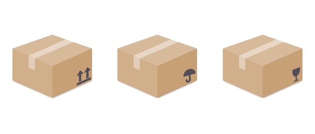 Realistic cardboard box mockup set from side front and top view isolated on white background Parcel packaging template Packaging symbols Vector illustration