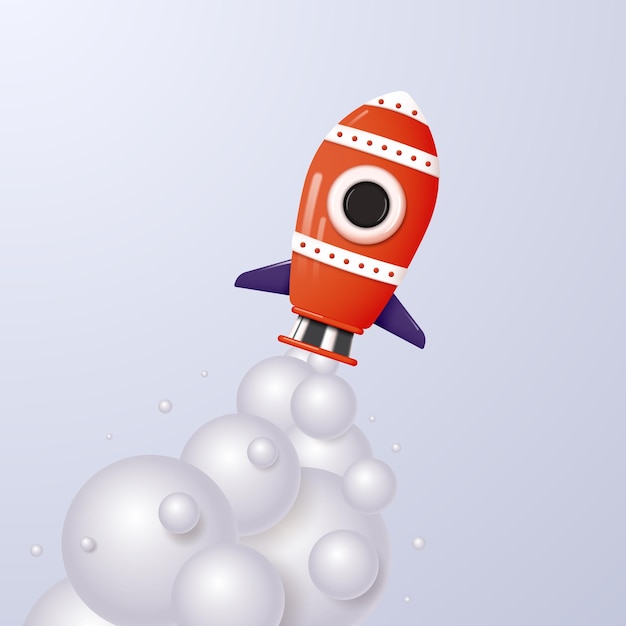 Realistic cartoon flying space rocket launch with smoke. Vector illustration.