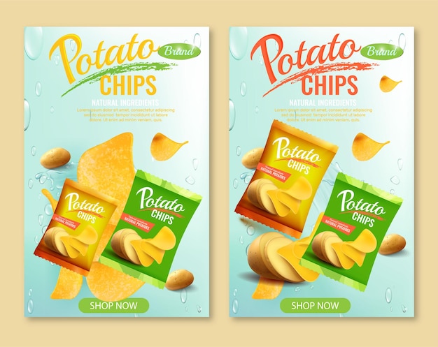 Vector realistic cheese flavored potato chips set